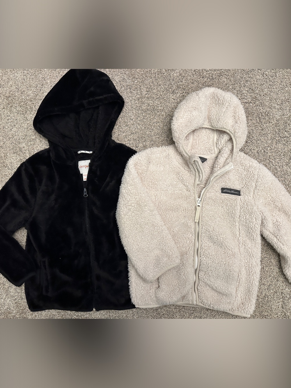 Kids Two-Tone Hooded Faux Fur & Sherpa zip-up Jackets- Black and Cream